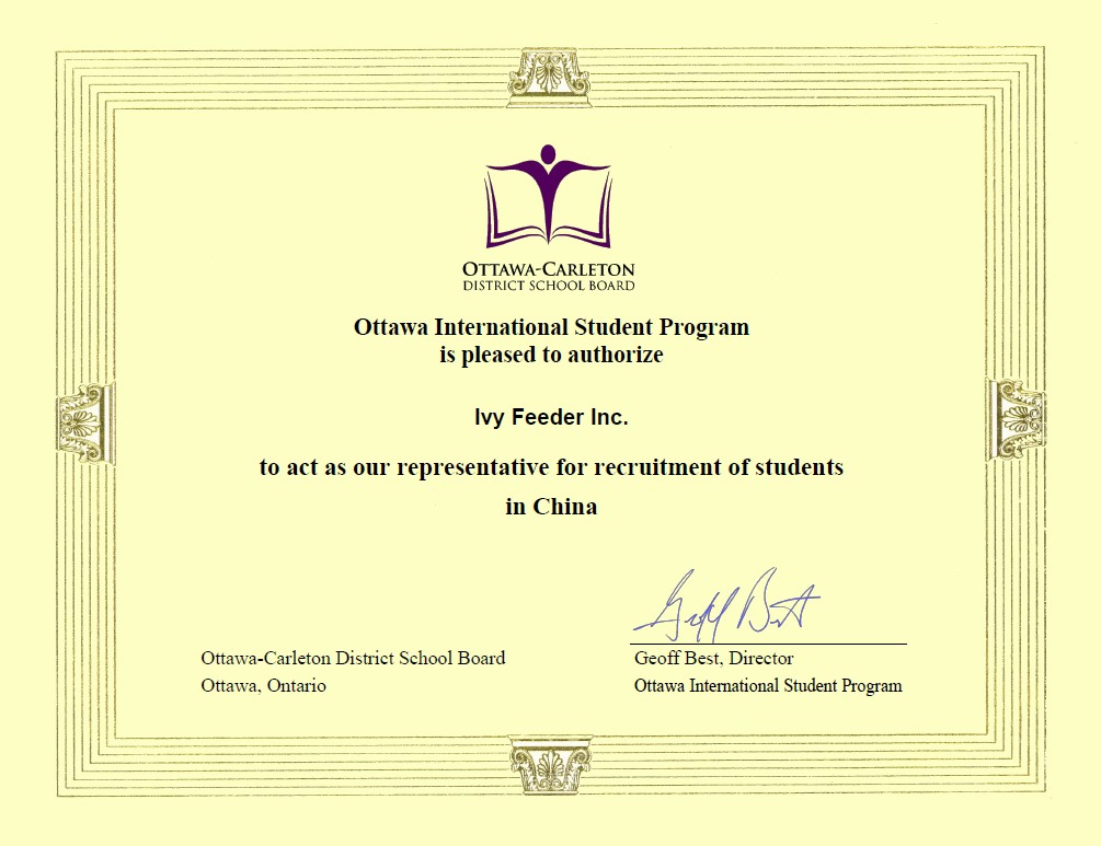OCDSB authorization certificate for Ivy Feeder Inc. as representative for student recruitment in China