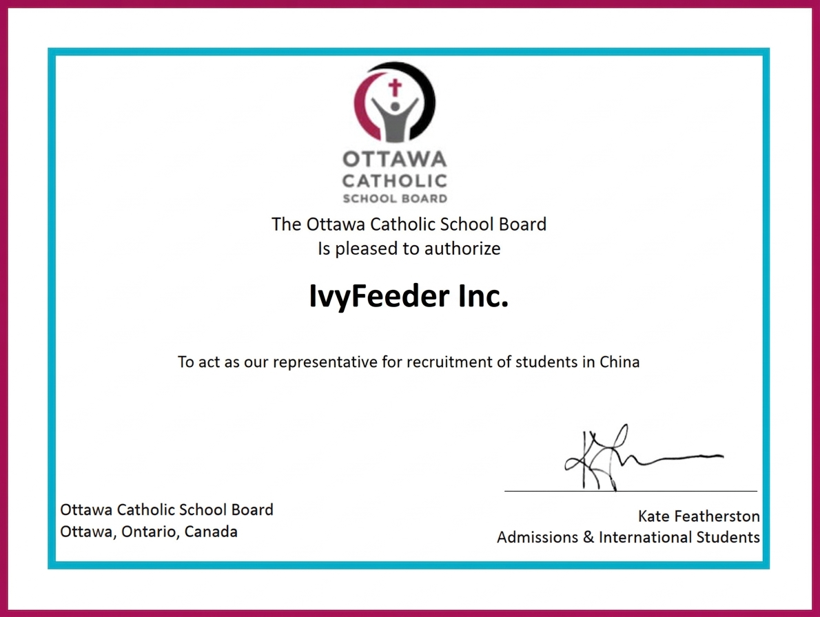 OCSB authorization certificate for IvyFeeder Inc. as representative for student recruitment in China