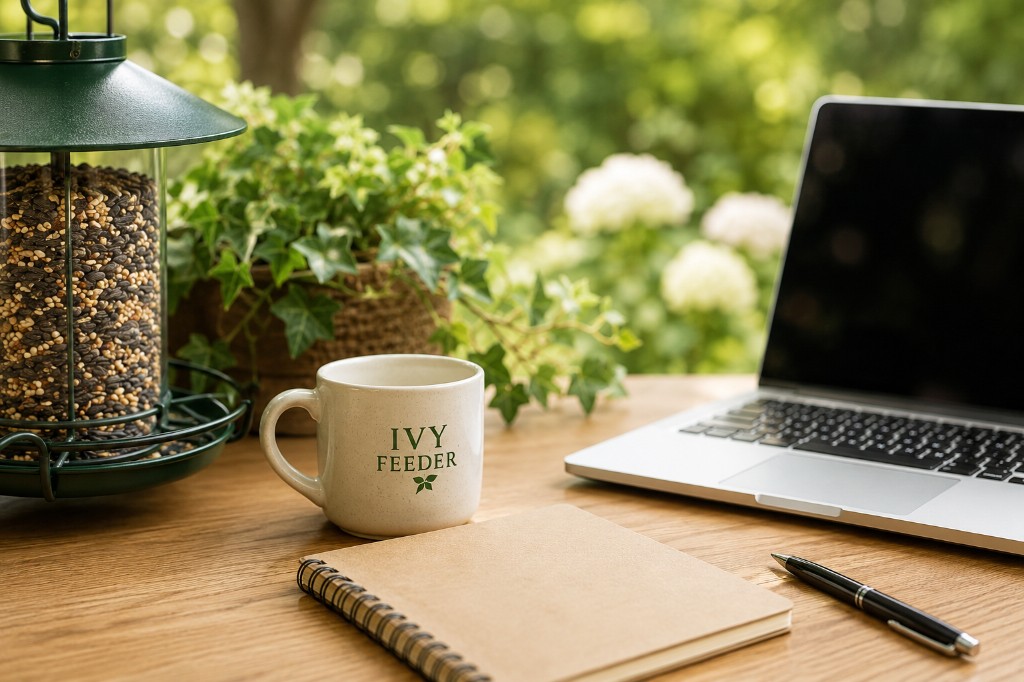 IvyFeeder mug on a desk with a notebook and laptop